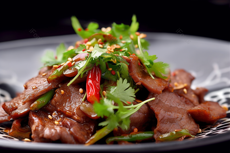 凉拌牛肉特写辣椒籽香菜摄影图,高清,摄影图,摄影图片,图片大全,摄影图免费下载